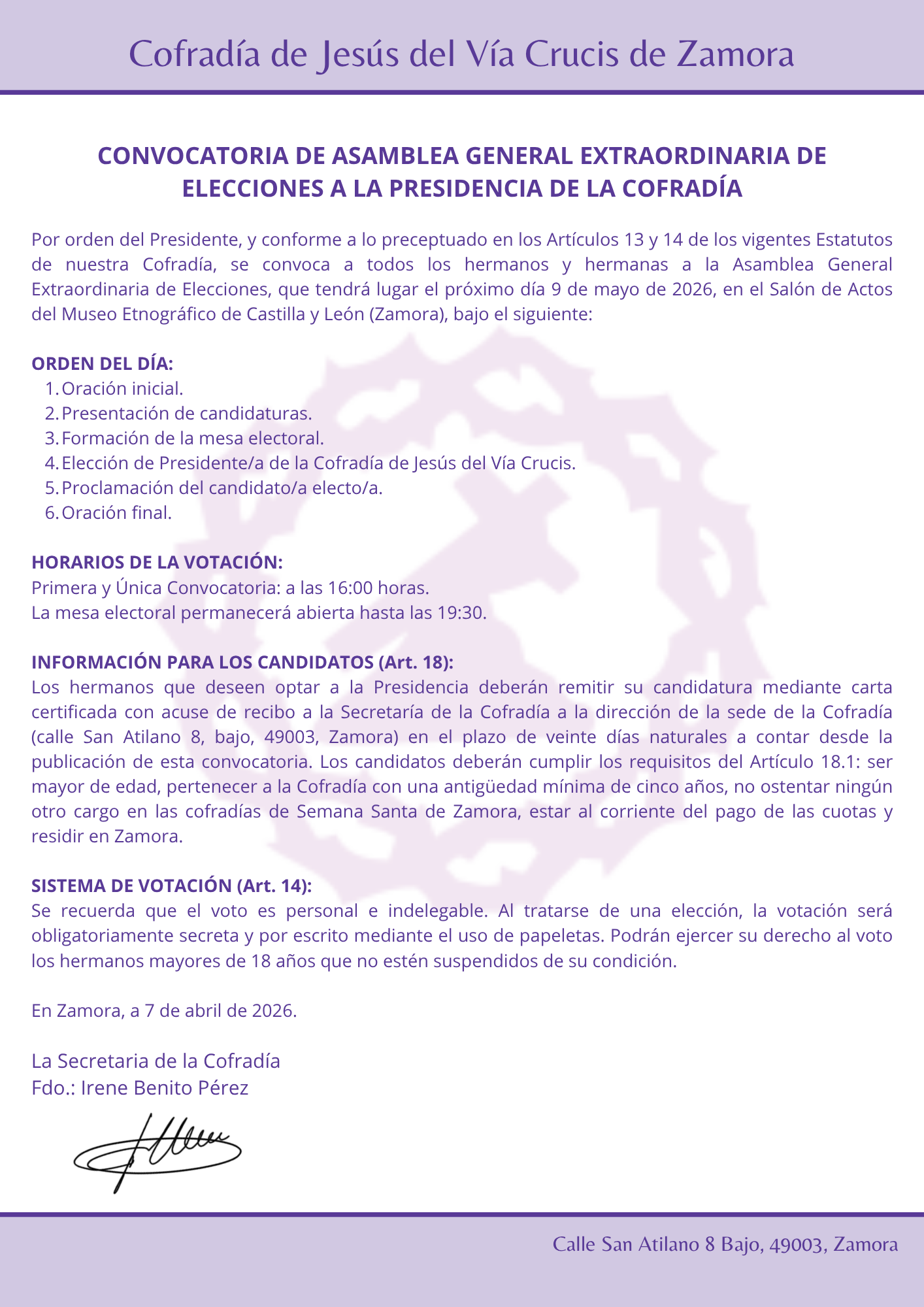 Convocatoria de Asamblea General Extraordinaria de Elecciones a la Presidencia de la Cofradía