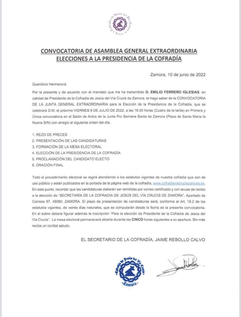 Convocatoria de Asamblea General extraordinaria, elecciones a la Presidencia de la Cofradía